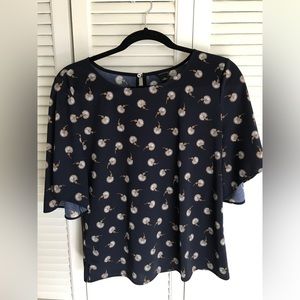 Ann Taylor blouse, navy with dandelion pattern, keyhole back and flutter sleeves